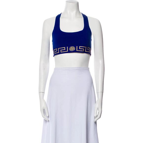 Versace Greca Medusa Logo Band Square Neck Bra Crop Top Blue Size